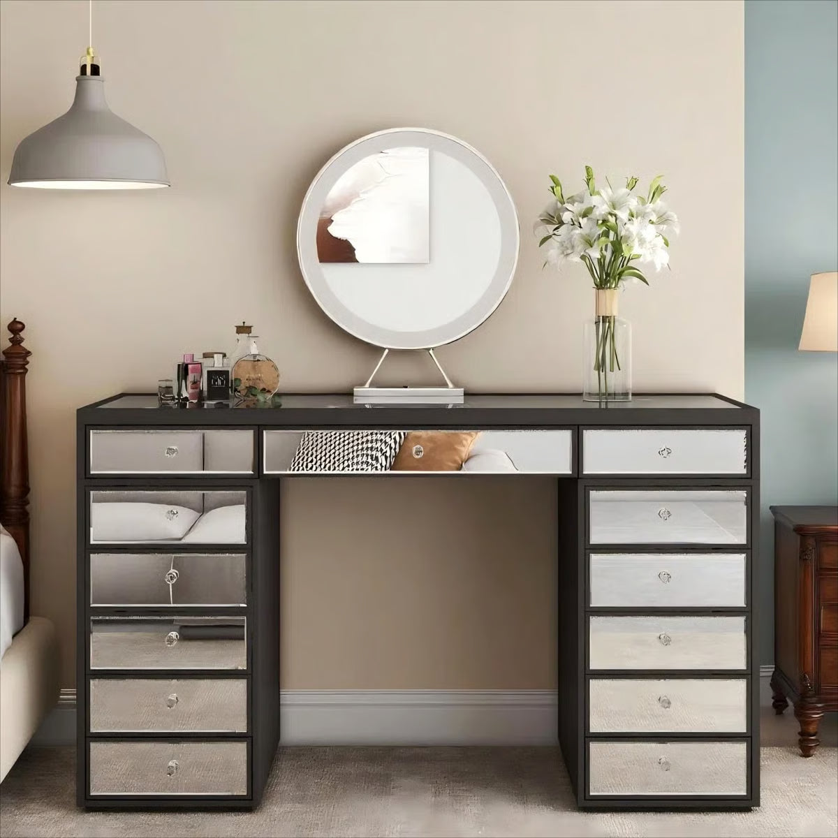 Patternson Mirrored Vanity Table 13-Drawer- OUCH CART | Dressing table 