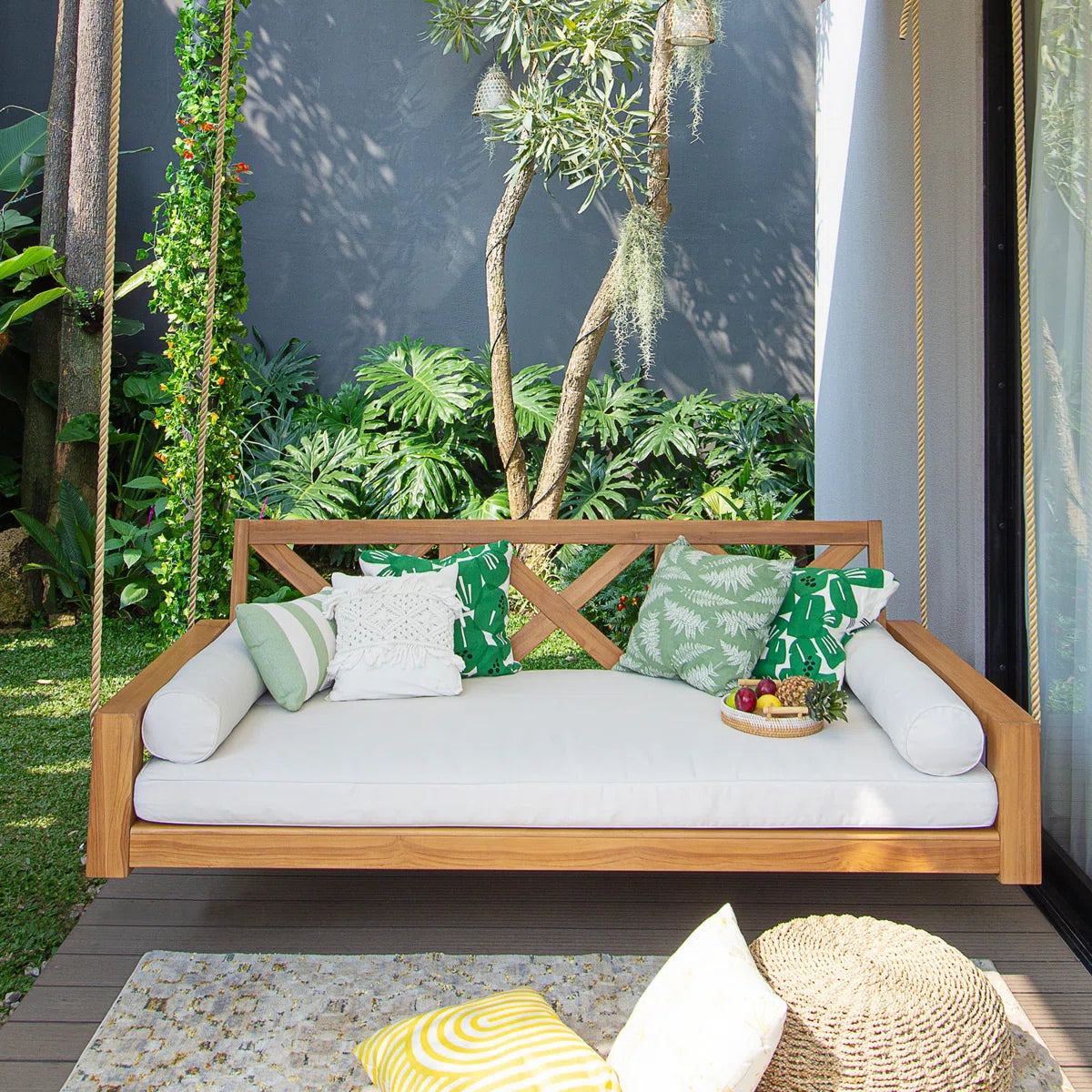 Ouch Cart Teak Wood Porch Swing Bed with Cushions – Farmhouse Outdoor Hanging Patio Swing, 3-Seater