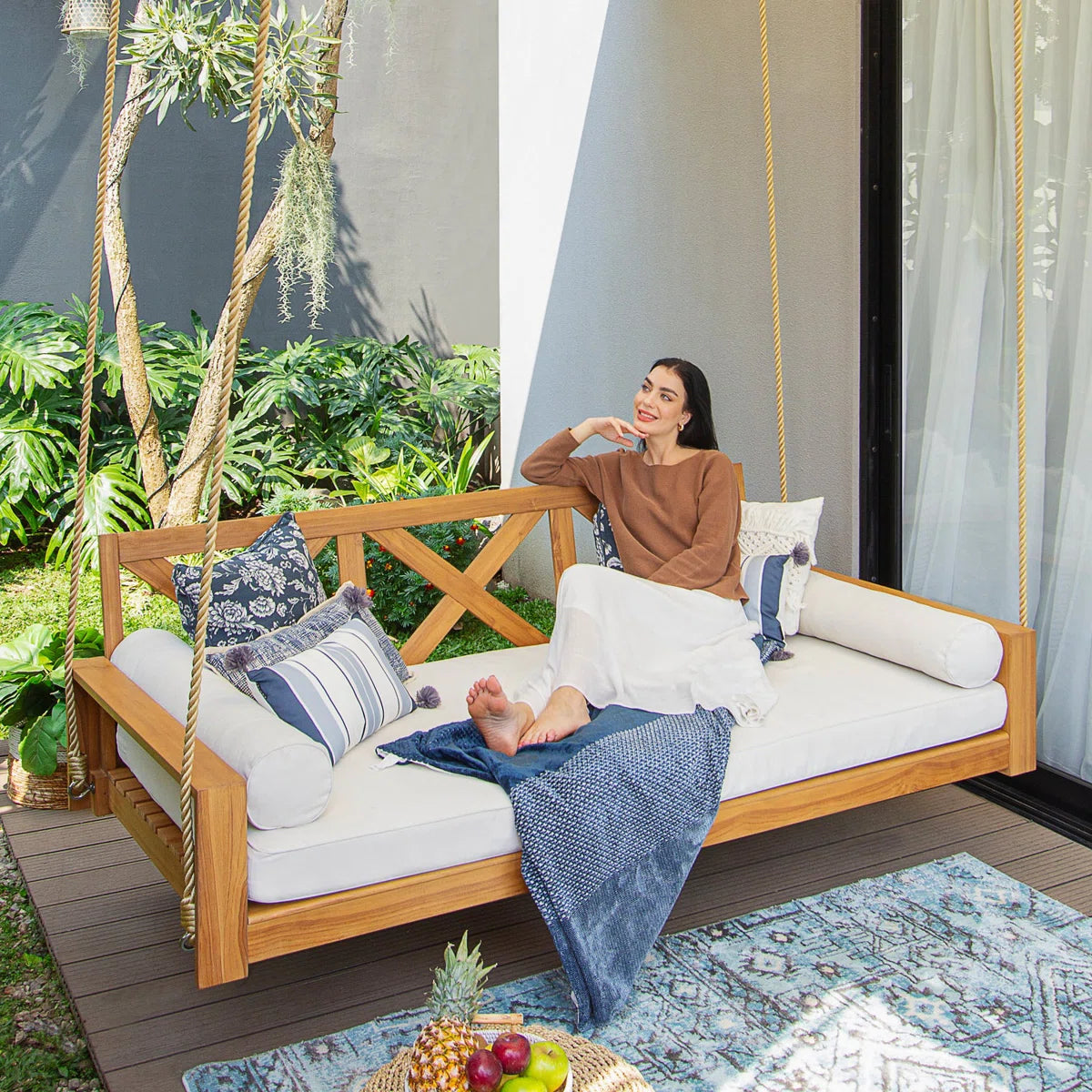 Ouch Cart Teak Wood Porch Swing Bed with Cushions – Farmhouse Outdoor Hanging Patio Swing, 3-Seater