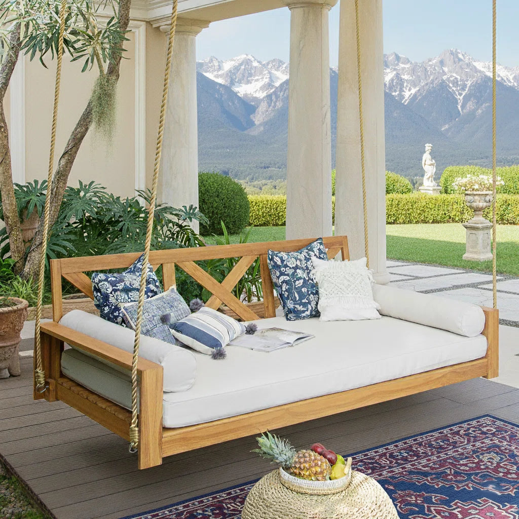 Ouch Cart Teak Wood Porch Swing Bed with Cushions – Farmhouse Outdoor Hanging Patio Swing, 3-Seater