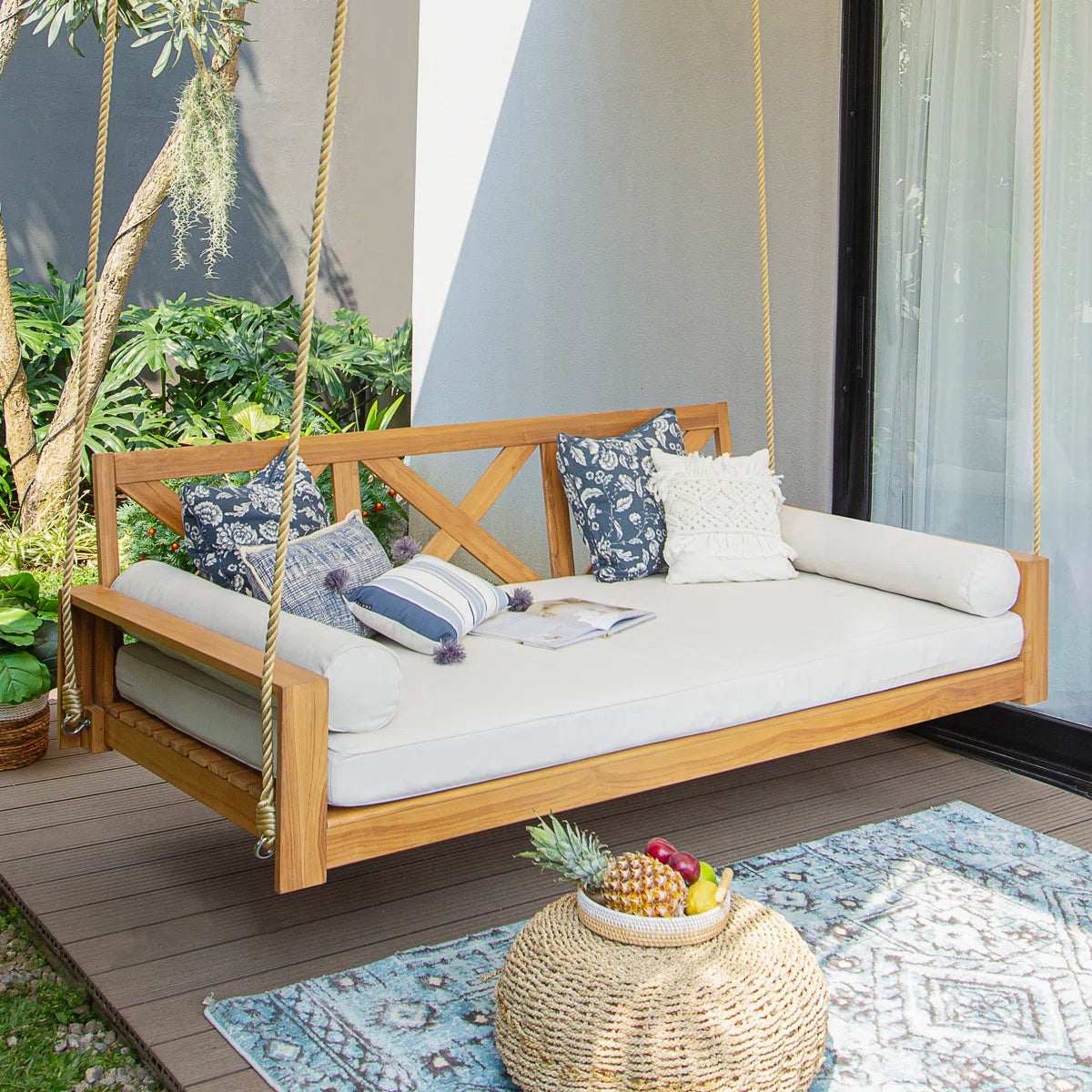 Ouch Cart Teak Wood Porch Swing Bed with Cushions – Farmhouse Outdoor Hanging Patio Swing, 3-Seater