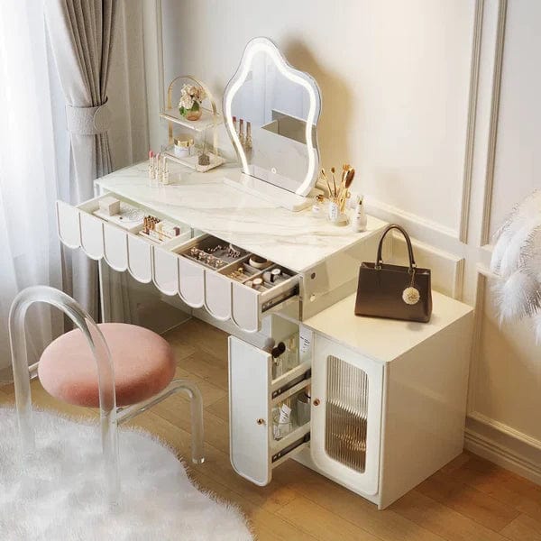 Elzbieta Vanity Dressing Table With Mirror & Stool Vanity Desk with, 2 Drawers, Makeup Vanity Table Set with Lights, Dressing Table for Women Girls