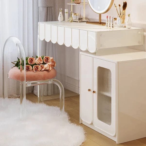 Elzbieta Vanity Dressing Table With Mirror & Stool Vanity Desk with, 2 Drawers, Makeup Vanity Table Set with Lights, Dressing Table for Women Girls