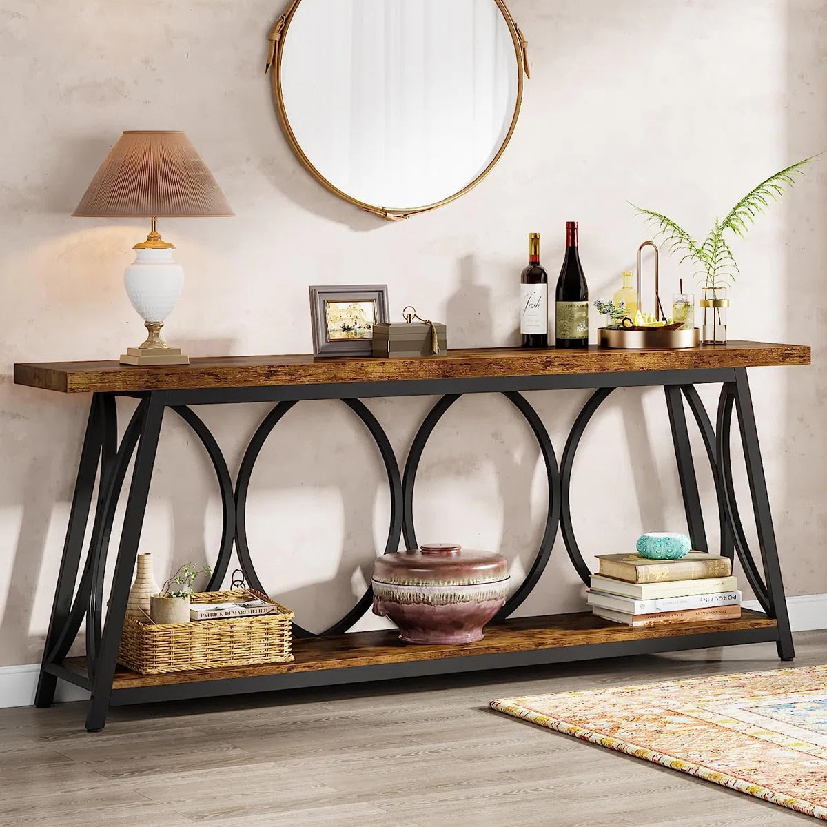 Rustic Industrial Console Table with Arched Frame