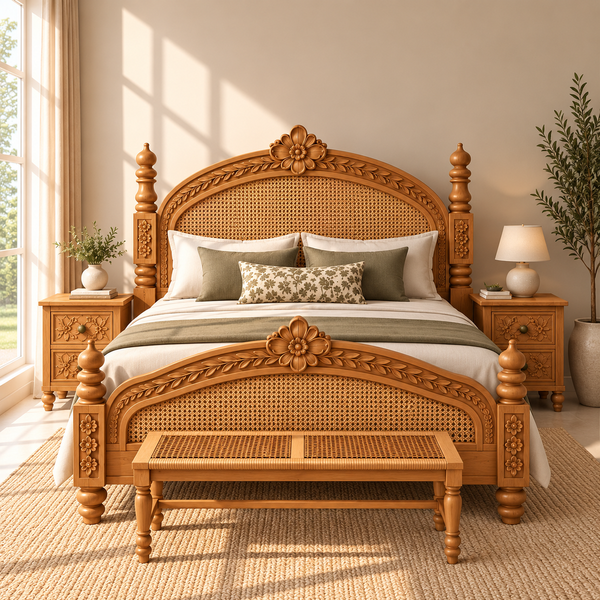 Premium Solid Wood King Size Bed with Intricate Floral Carving, Cane Woven Headboard