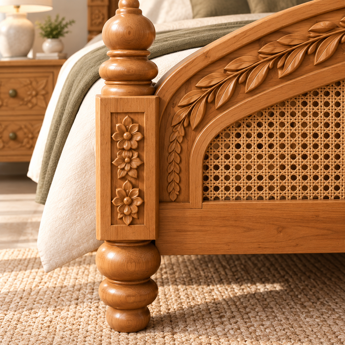 Premium Solid Wood King Size Bed with Intricate Floral Carving, Cane Woven Headboard