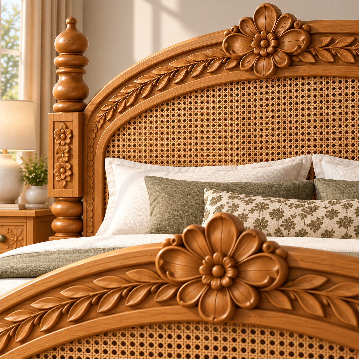 Premium Solid Wood King Size Bed with Intricate Floral Carving, Cane Woven Headboard