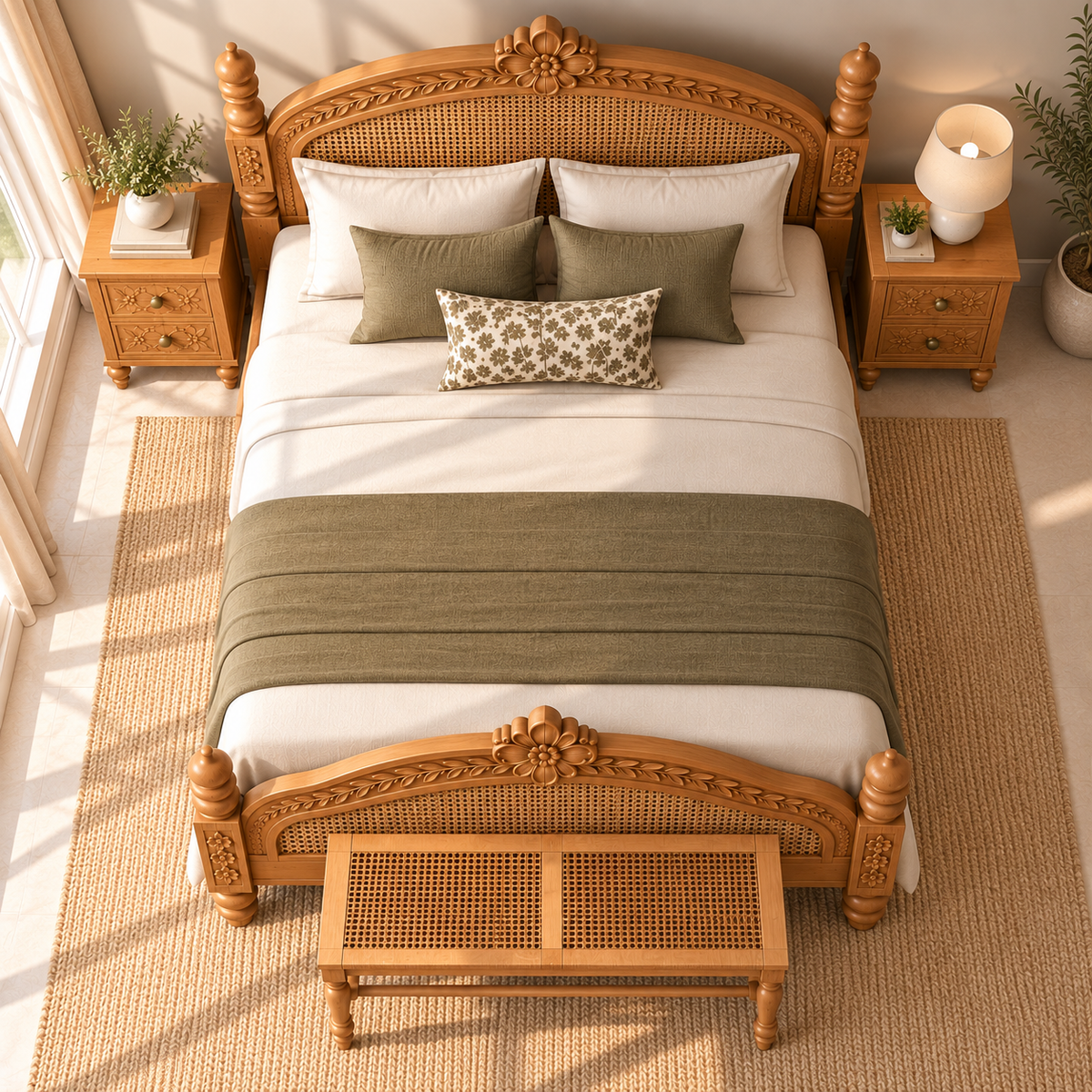 Premium Solid Wood King Size Bed with Intricate Floral Carving, Cane Woven Headboard