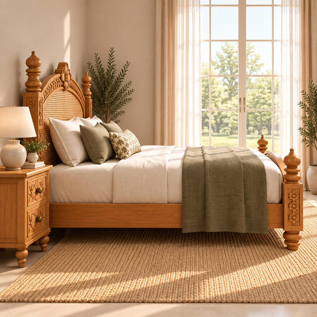 Premium Solid Wood King Size Bed with Intricate Floral Carving, Cane Woven Headboard