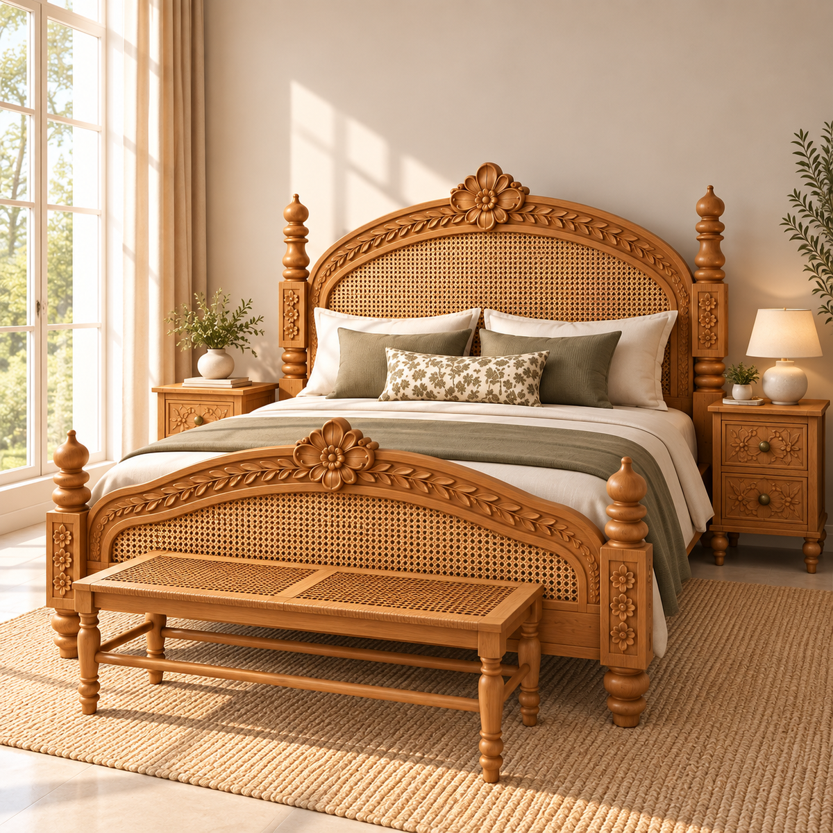 Premium Solid Wood King Size Bed with Intricate Floral Carving, Cane Woven Headboard