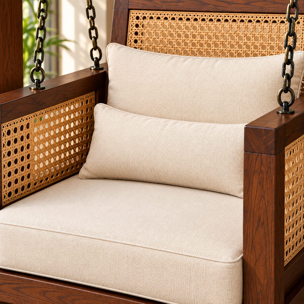 Premium Solid Wood Swing Chair with Cane Back & Cream Cushions