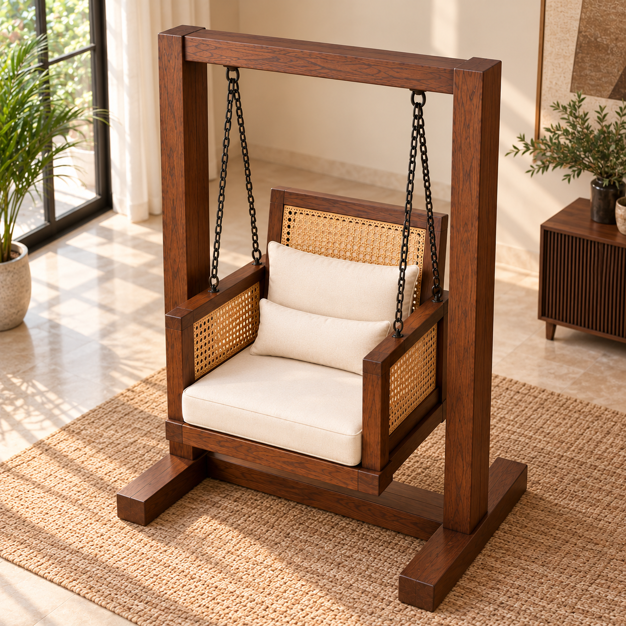 Premium Solid Wood Swing Chair with Cane Back & Cream Cushions