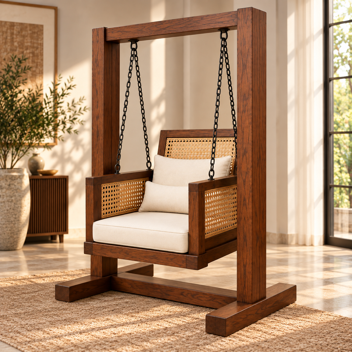 Premium Solid Wood Swing Chair with Cane Back & Cream Cushions