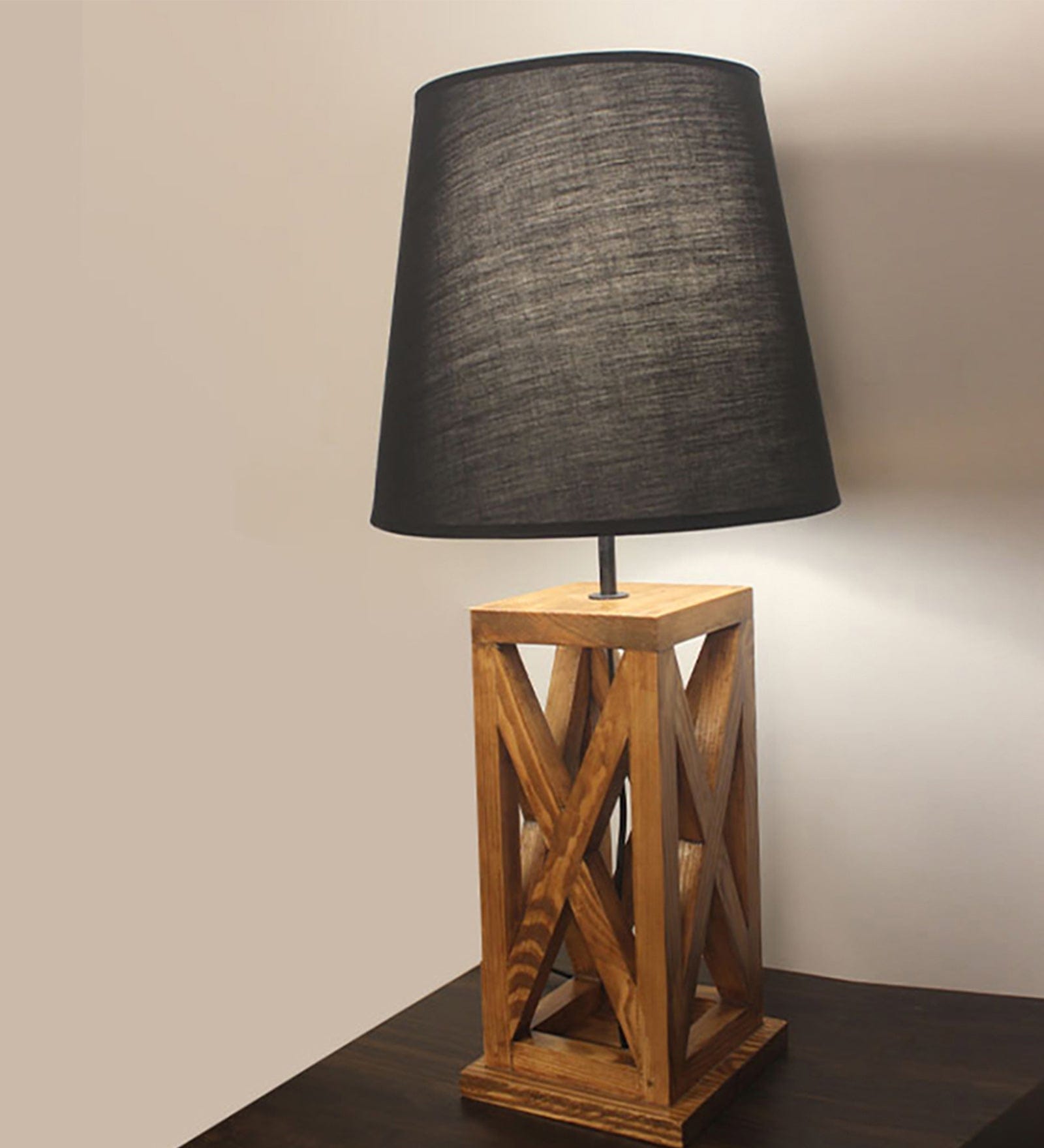 Symmetric Brown Wooden Table Lamp with Black Fabric Lampshade (BULB NOT INCLUDED)