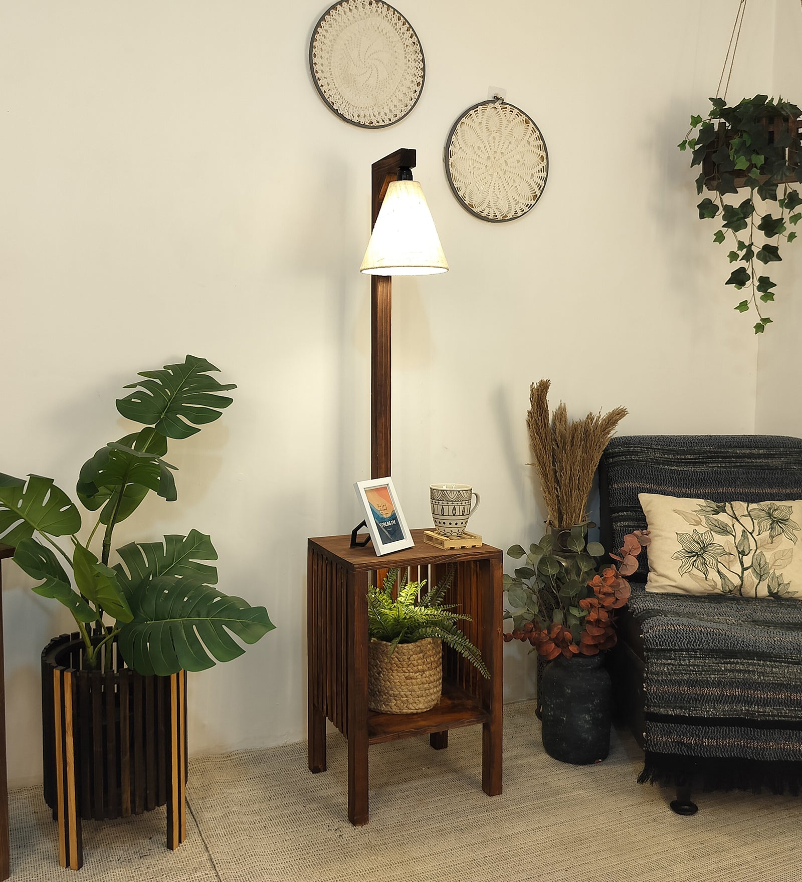 Prominence Wood and Metal Floor Lamp with White Fabric Lampshade (BULB NOT INCLUDED)