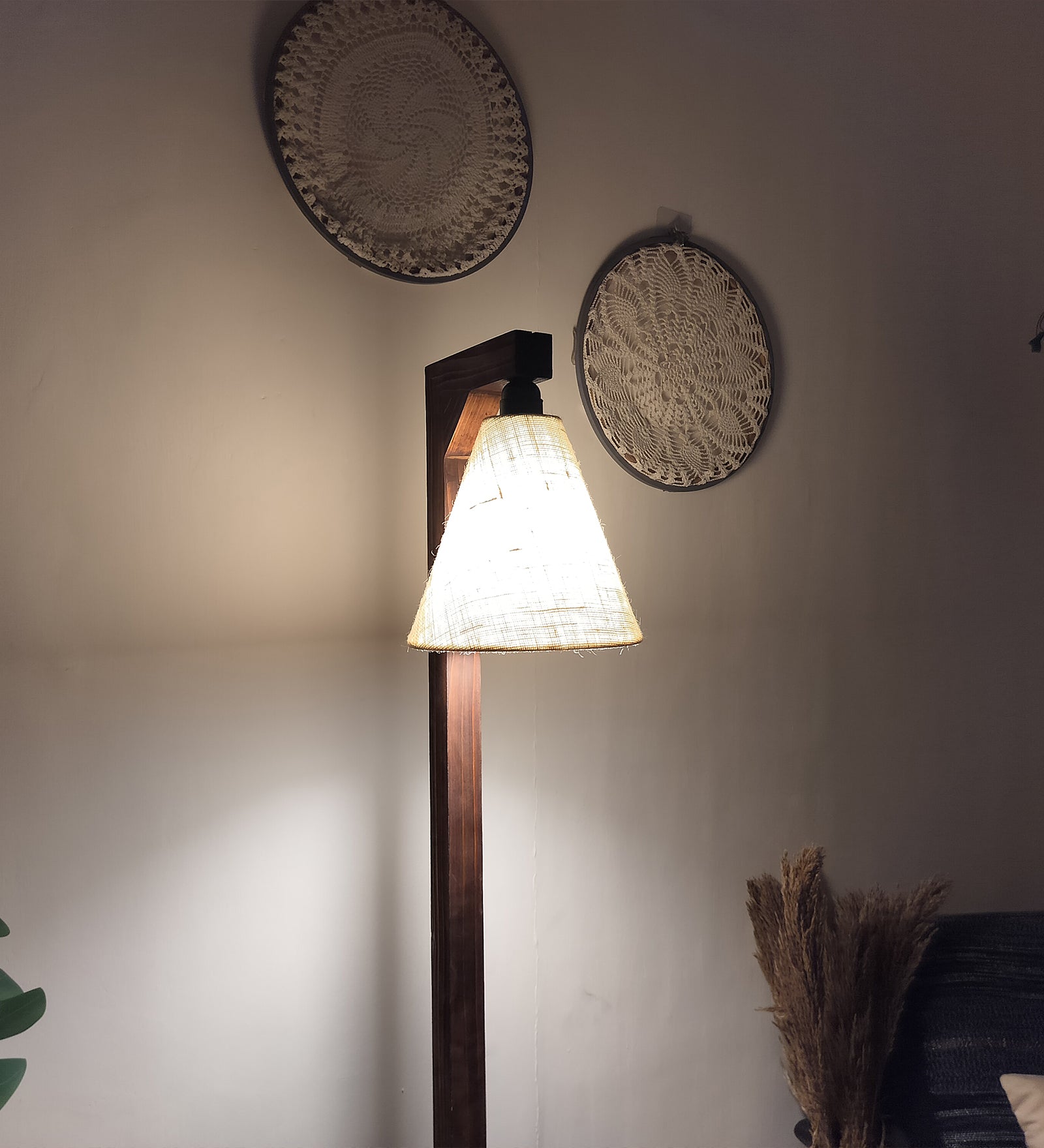 Prominence Wood and Metal Floor Lamp with White Fabric Lampshade (BULB NOT INCLUDED)