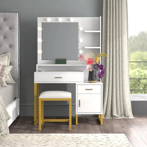 Leon dressing table design with mirror, with stool, with drawers