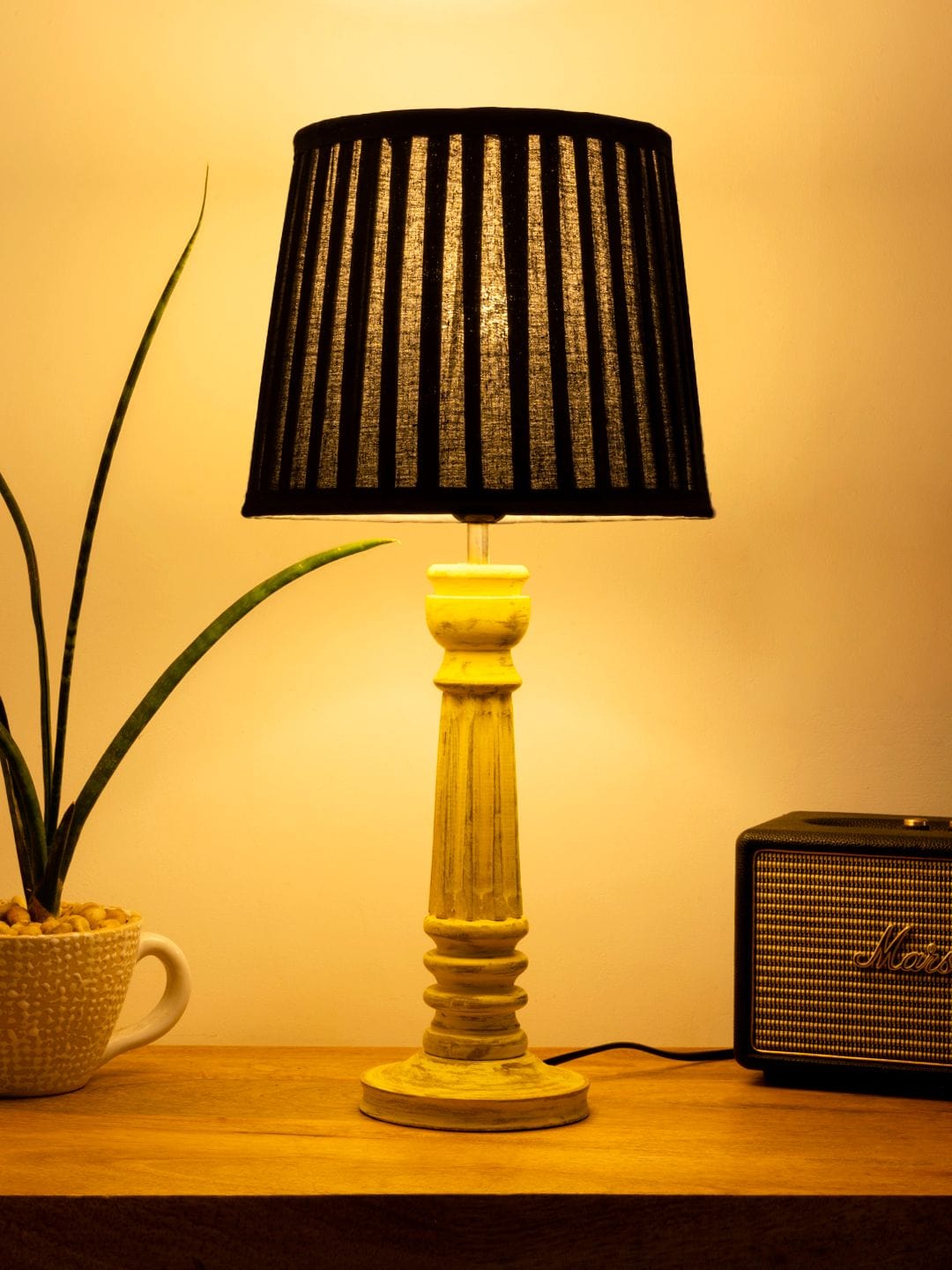 Wooden Pillar Yellow lamp with pleeted Black Soft Shade