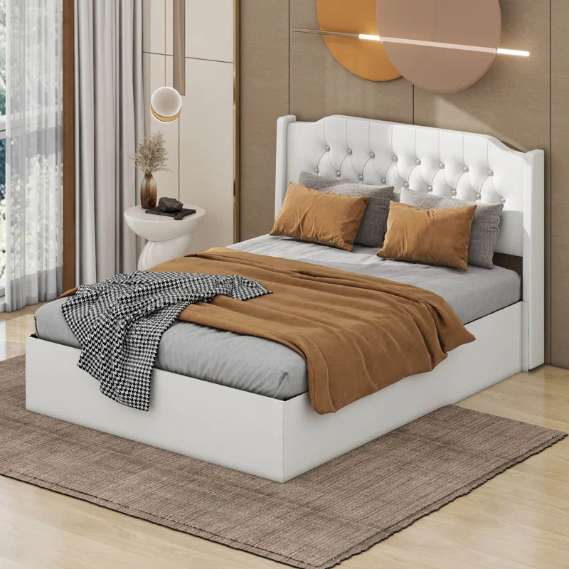 Queen Size Tufted Upholstered Bed Frame With Crystal Button Accents, Wingback Headboard