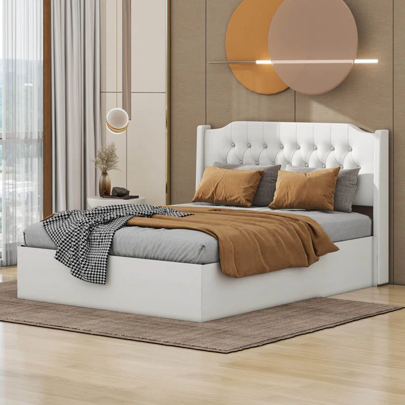 Queen Size Tufted Upholstered Bed Frame With Crystal Button Accents, Wingback Headboard