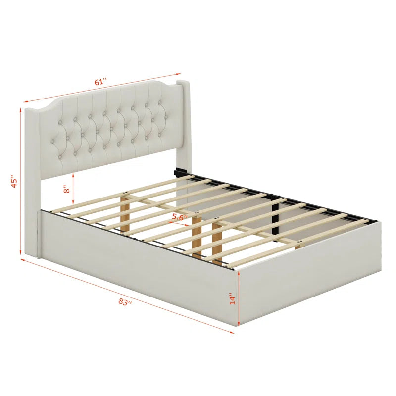Queen Size Tufted Upholstered Bed Frame With Crystal Button Accents, Wingback Headboard