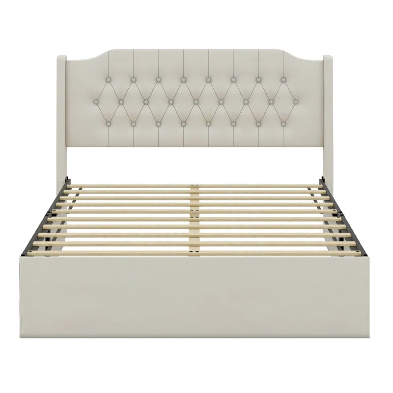 Queen Size Tufted Upholstered Bed Frame With Crystal Button Accents, Wingback Headboard