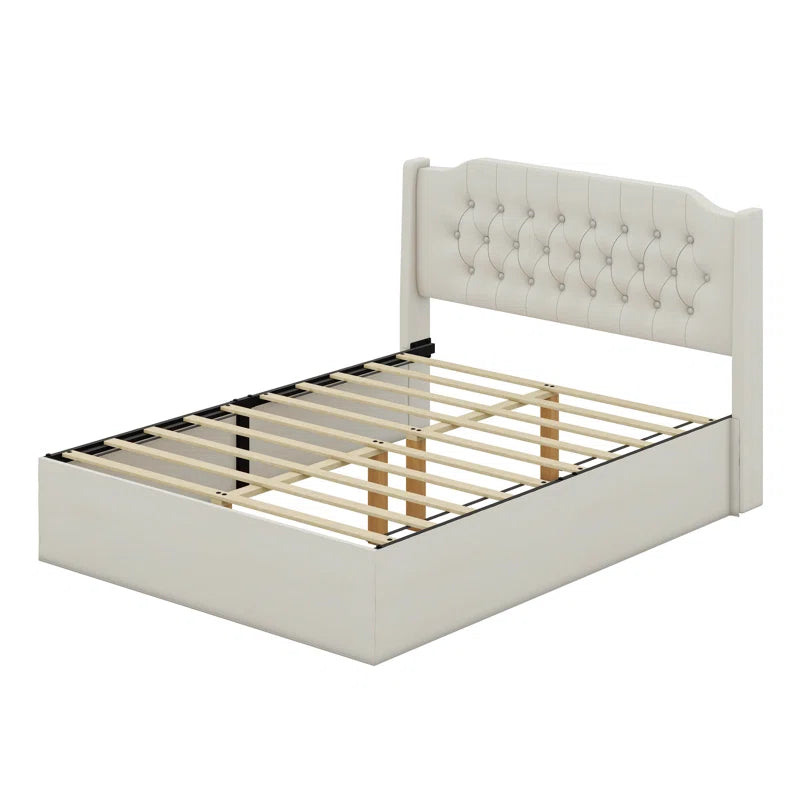 Queen Size Tufted Upholstered Bed Frame With Crystal Button Accents, Wingback Headboard