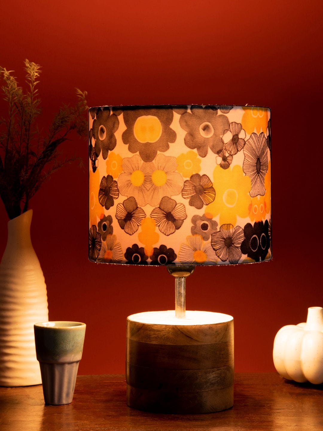 Wooden Brown Log Table Lamp with Lotus Floral Shade