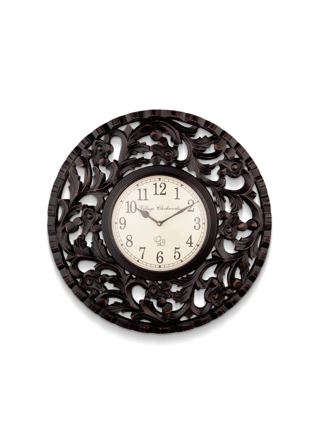 Round Wooden Flower Carving 18 Inches Wall Clock