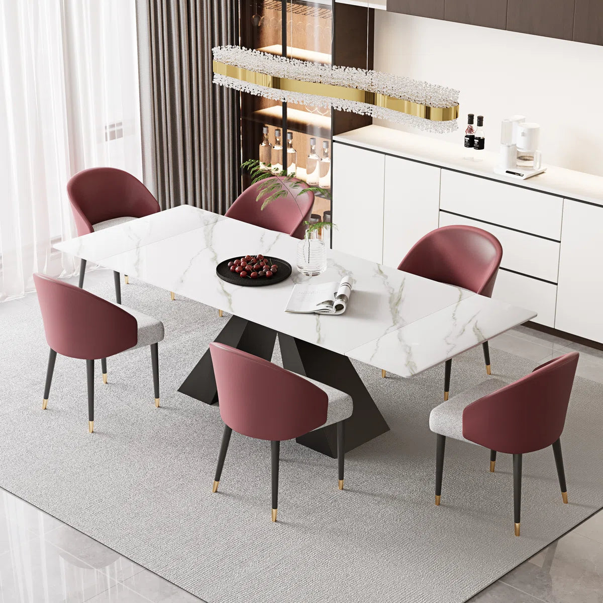 94.5” Extendable Dining Table Set With Rectangular Sintered Stone Top And 6 Faux Leather Chairs- OUCH CART | DINING SET