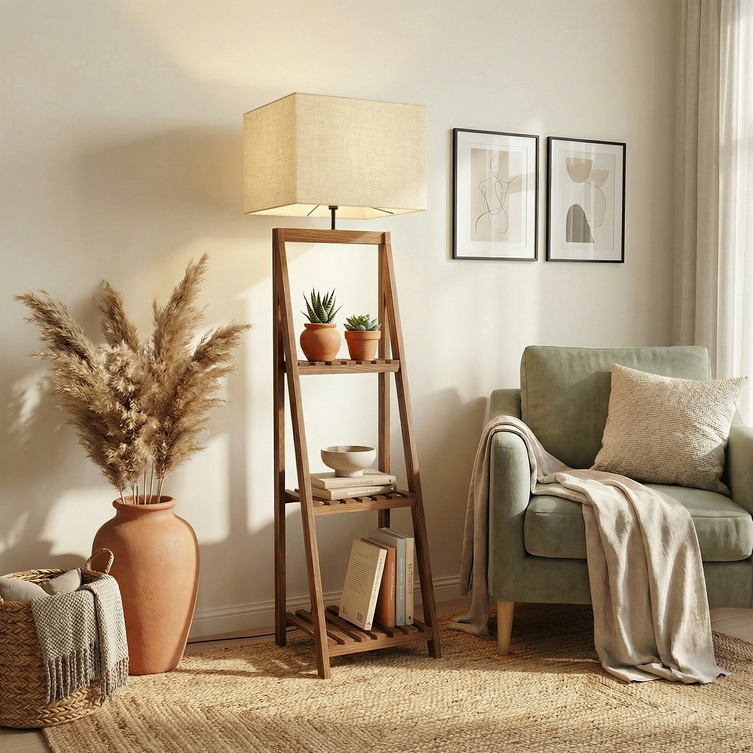 Raphael Wooden Floor Lamp with Brown Base and Jute Fabric Lampshade (BULB NOT INCLUDED)