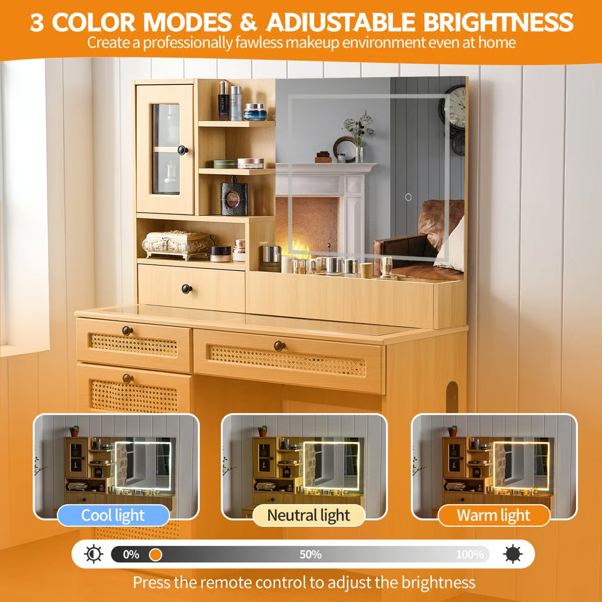 Wooden Rattan Makeup Vanity – LED Mirror with 3 Light Modes, 6 Drawers & Charging Port