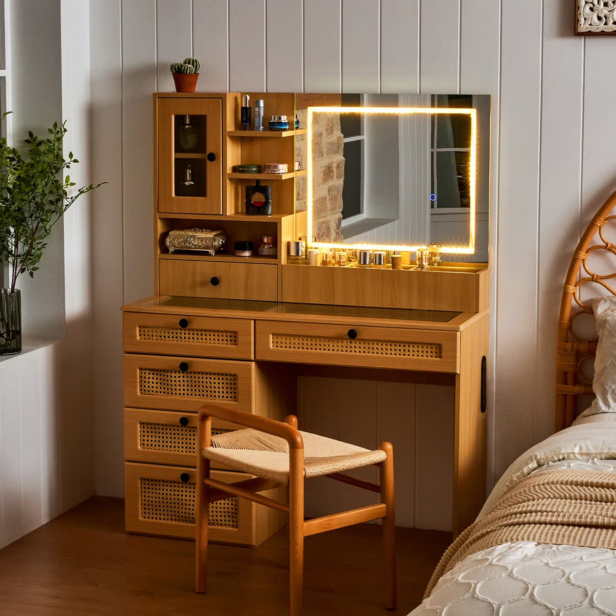 Wooden Rattan Makeup Vanity – LED Mirror with 3 Light Modes, 6 Drawers & Charging Port -OUCH CART|Dressing table