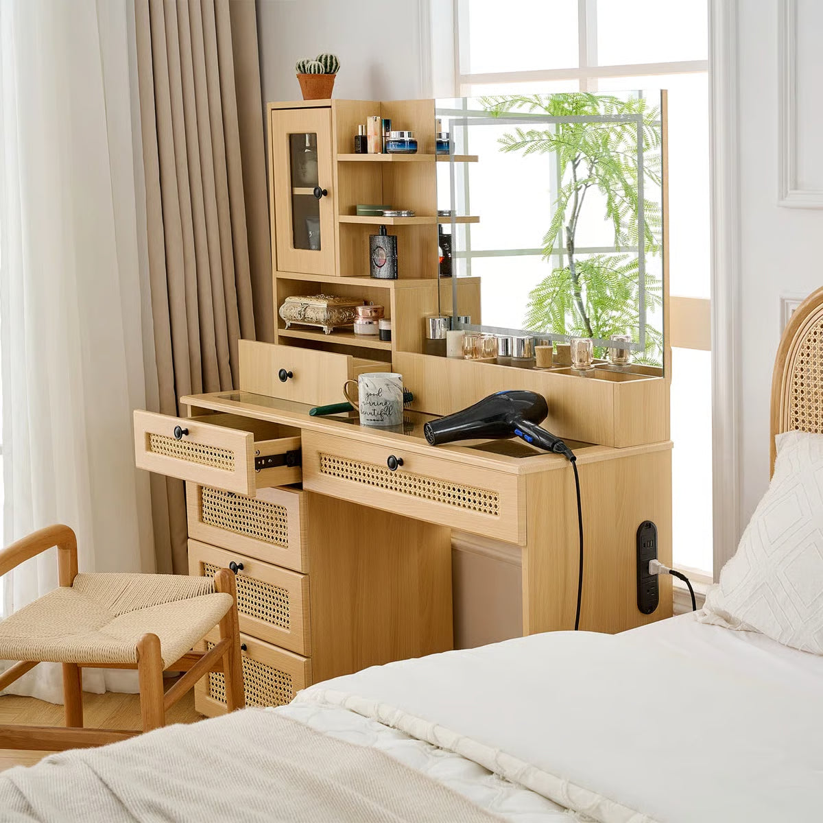 Wooden Rattan Makeup Vanity – LED Mirror with 3 Light Modes, 6 Drawers & Charging Port -OUCH CART|Dressing table