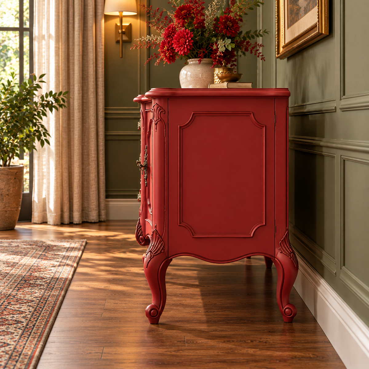 Red Vintage Wooden Sideboard Cabinet with 2 Doors & 3 Drawers French Provincial Antique-Style Furniture