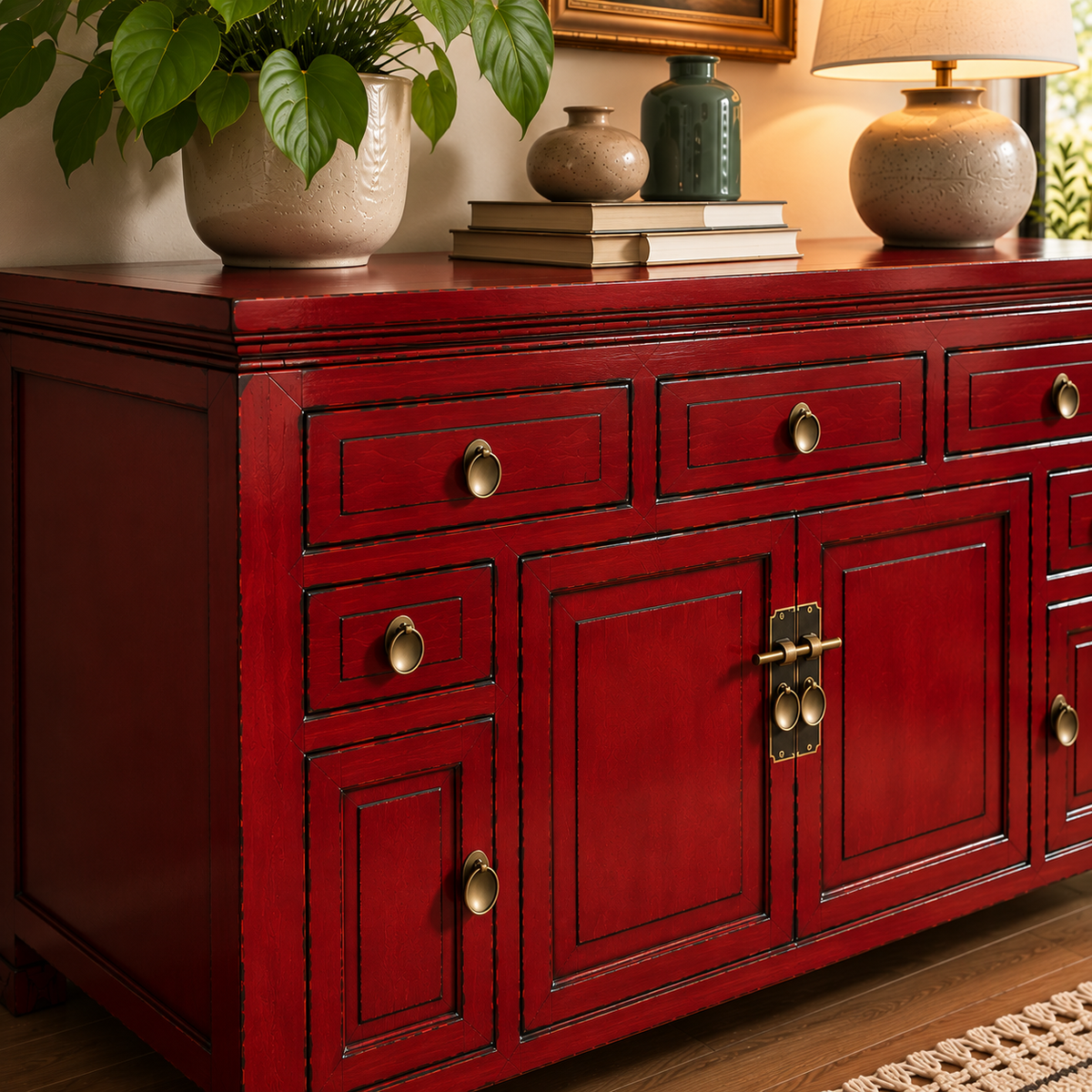Red Wooden Sideboard Cabinet with Drawers & Storage