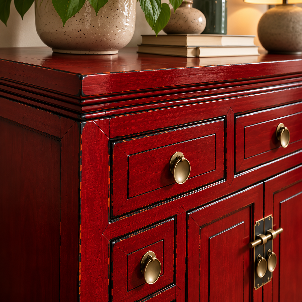 Red Wooden Sideboard Cabinet with Drawers & Storage