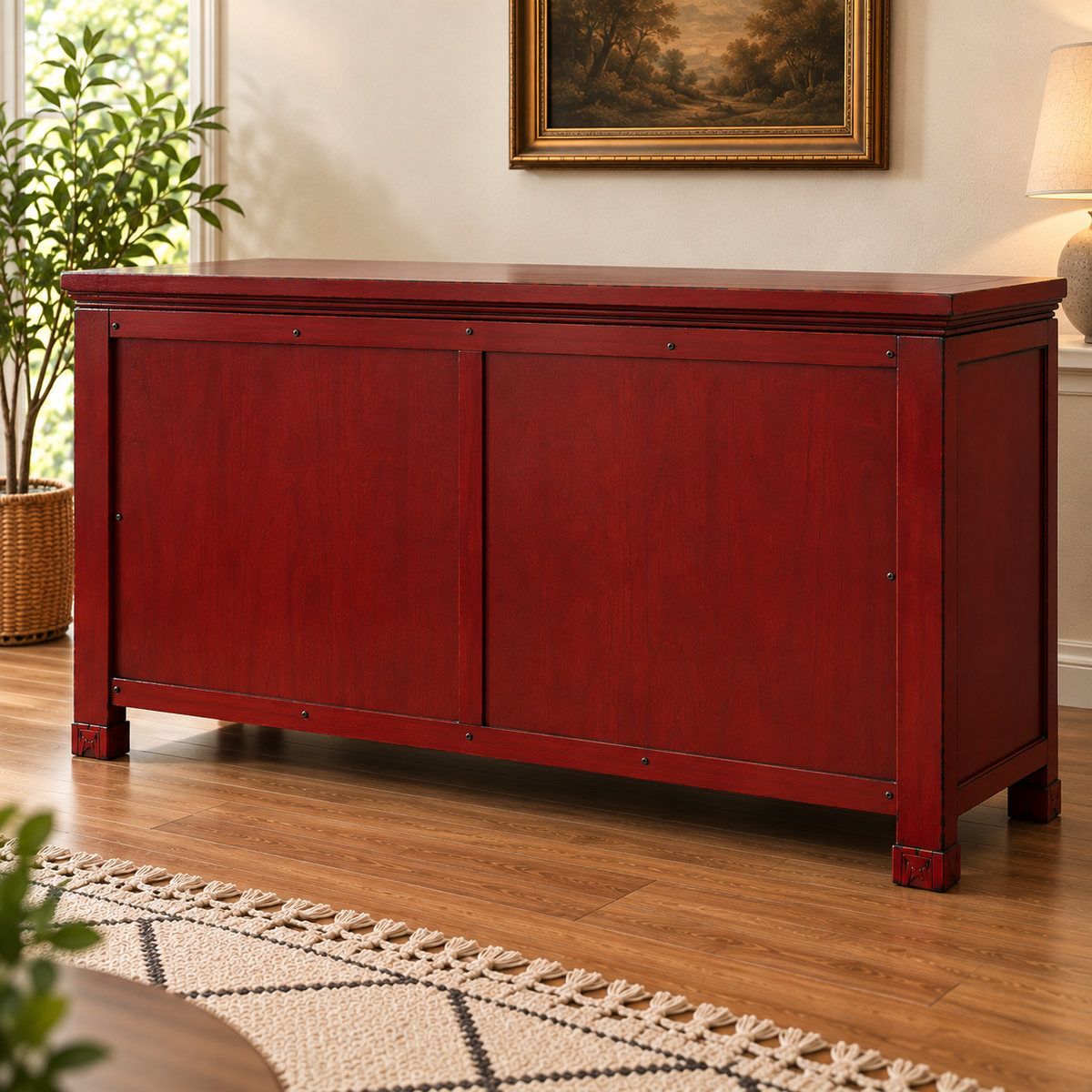 Red Wooden Sideboard Cabinet with Drawers & Storage