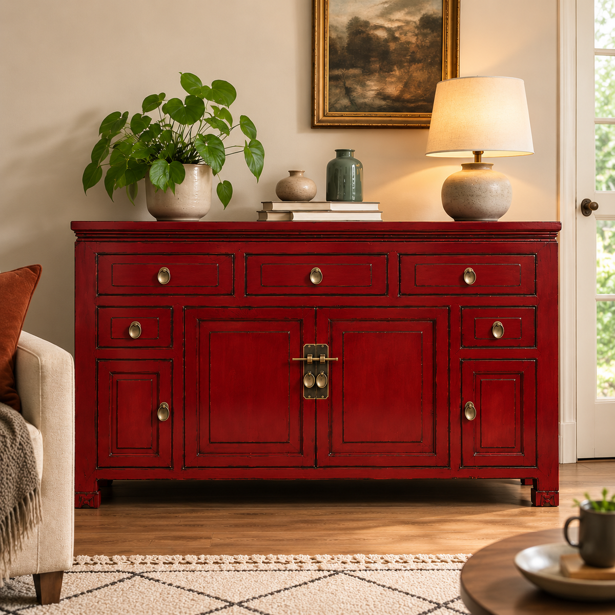 Red Wooden Sideboard Cabinet with Drawers & Storage
