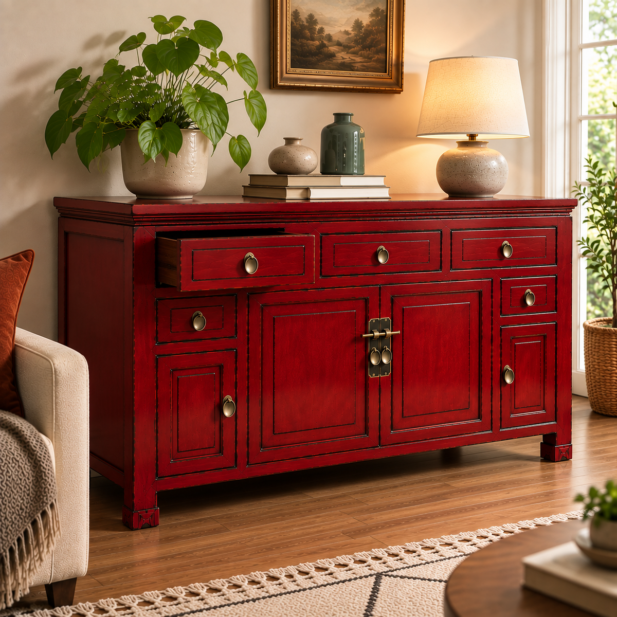 Red Wooden Sideboard Cabinet with Drawers & Storage