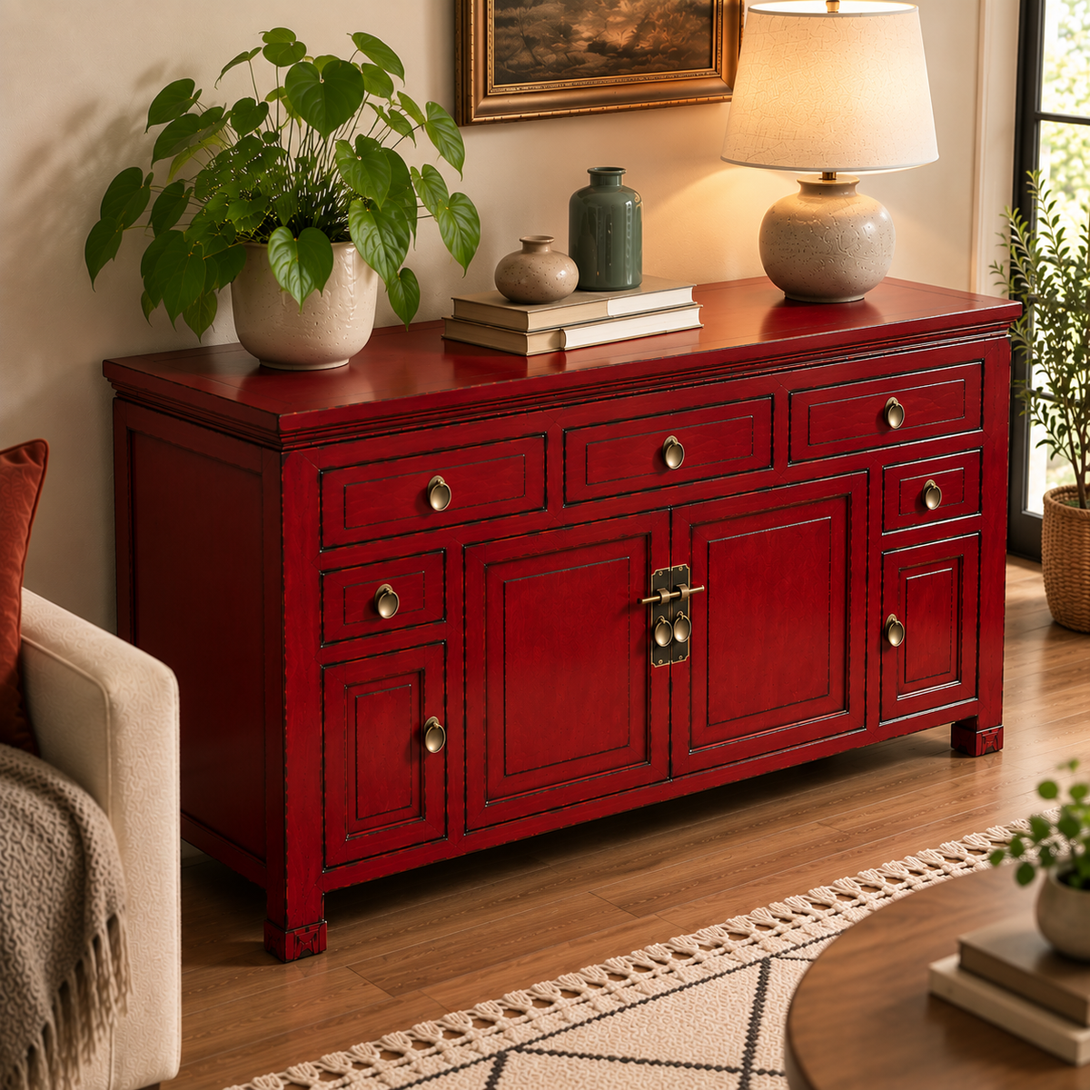 Red Wooden Sideboard Cabinet with Drawers & Storage