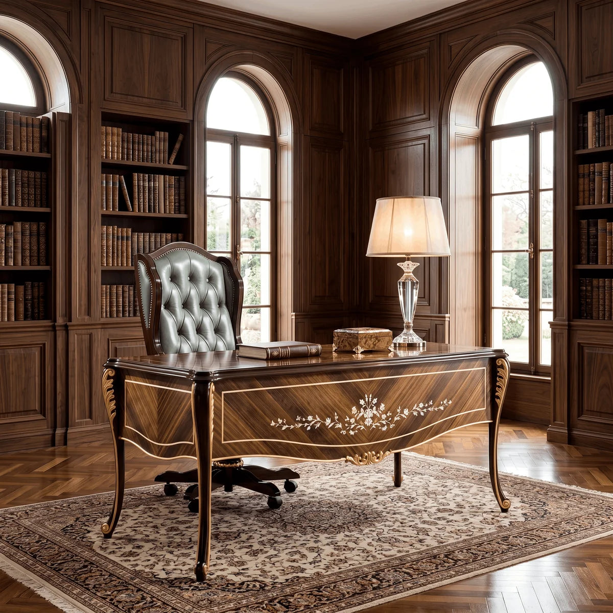 Luxury Executive Office Desk with Ornate Floral Inlay