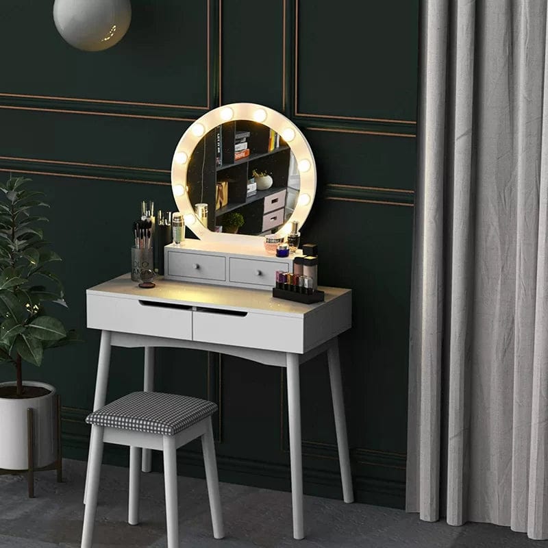 Vanity Makeup Mirror Desk Wooden Vanity Table Makeup Dressing Desk with LED Light Dressing Table with 2 Drawers