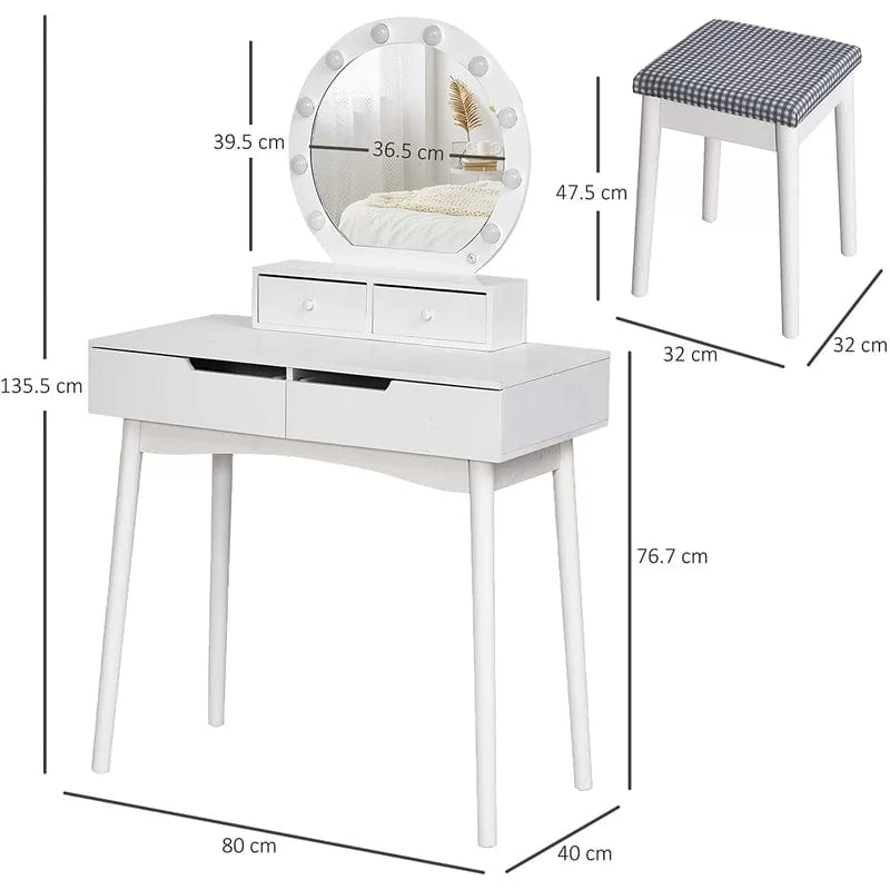 Vanity Makeup Mirror Desk Wooden Vanity Table Makeup Dressing Desk with LED Light Dressing Table with 2 Drawers