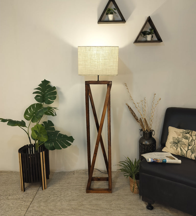 Remy Wooden Floor Lamp with Brown Base and Beige Fabric Lampshade (BULB NOT INCLUDED) - Image 3