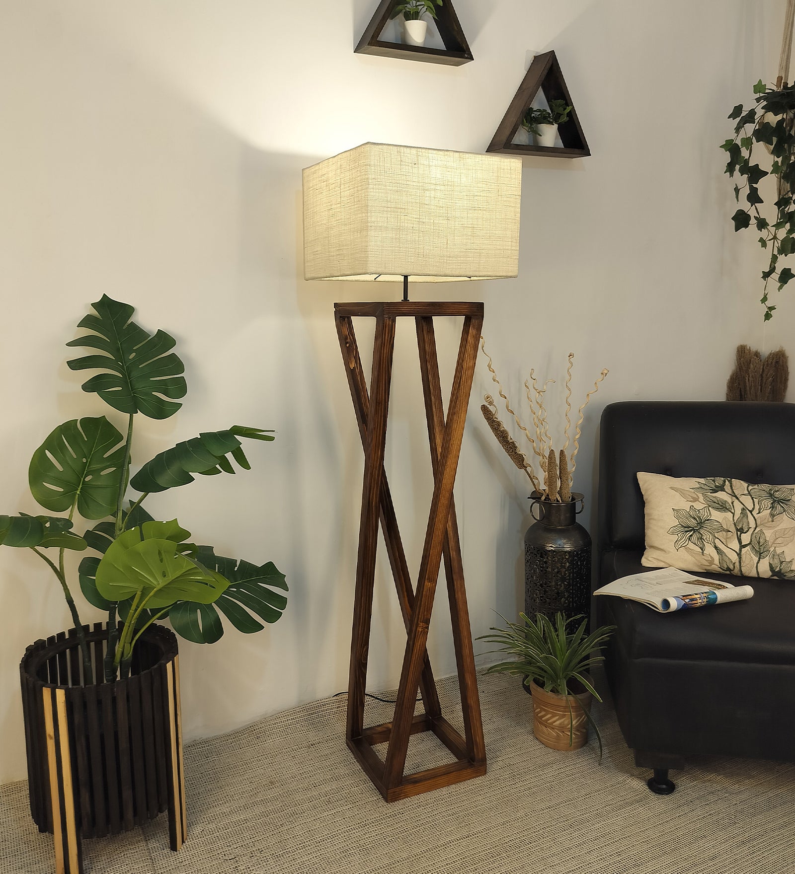 Remy Wooden Floor Lamp with Brown Base and Beige Fabric Lampshade (BULB NOT INCLUDED)