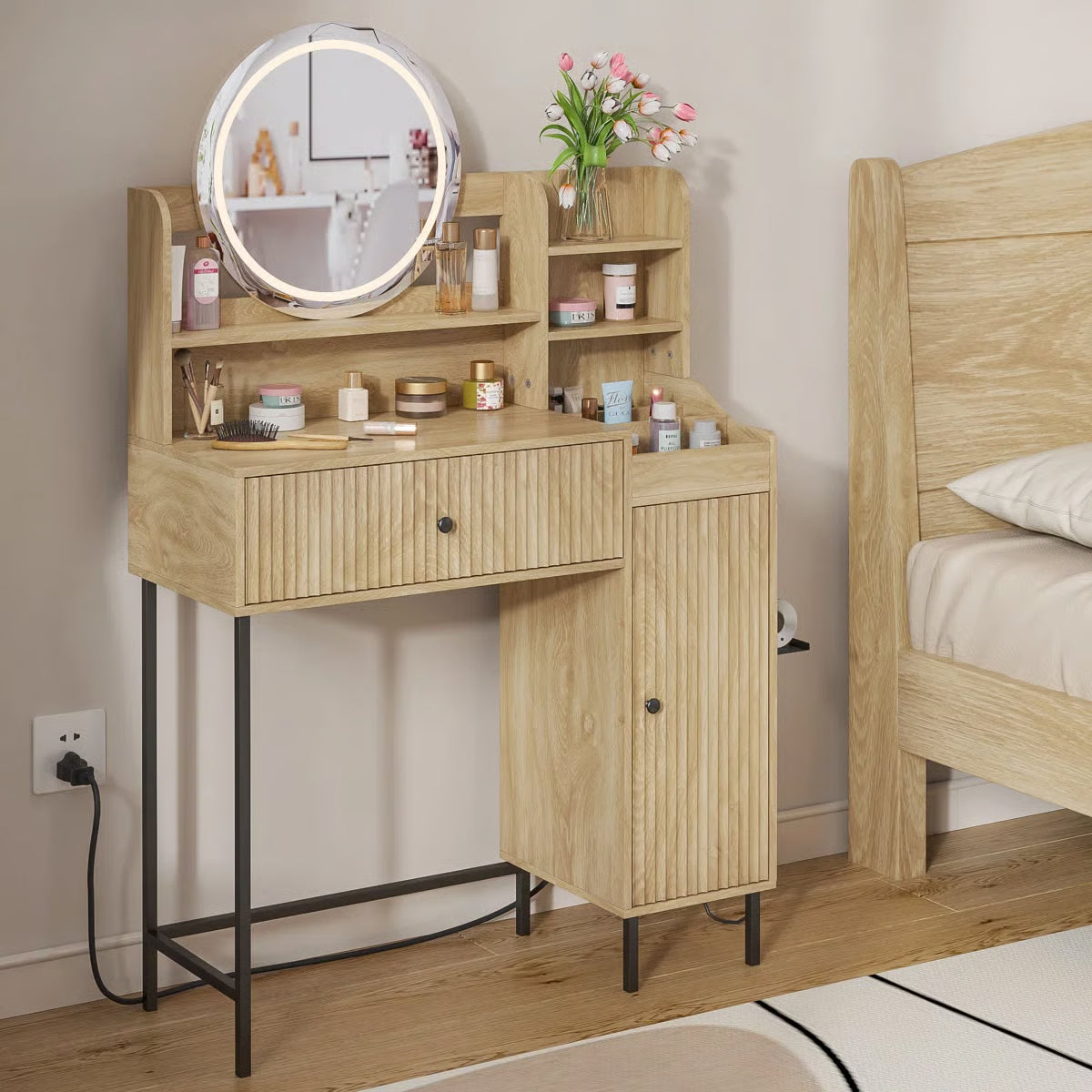 Reseta LED Makeup Vanity Desk – Drawer, USB Power Outlet & Lighted Mirror