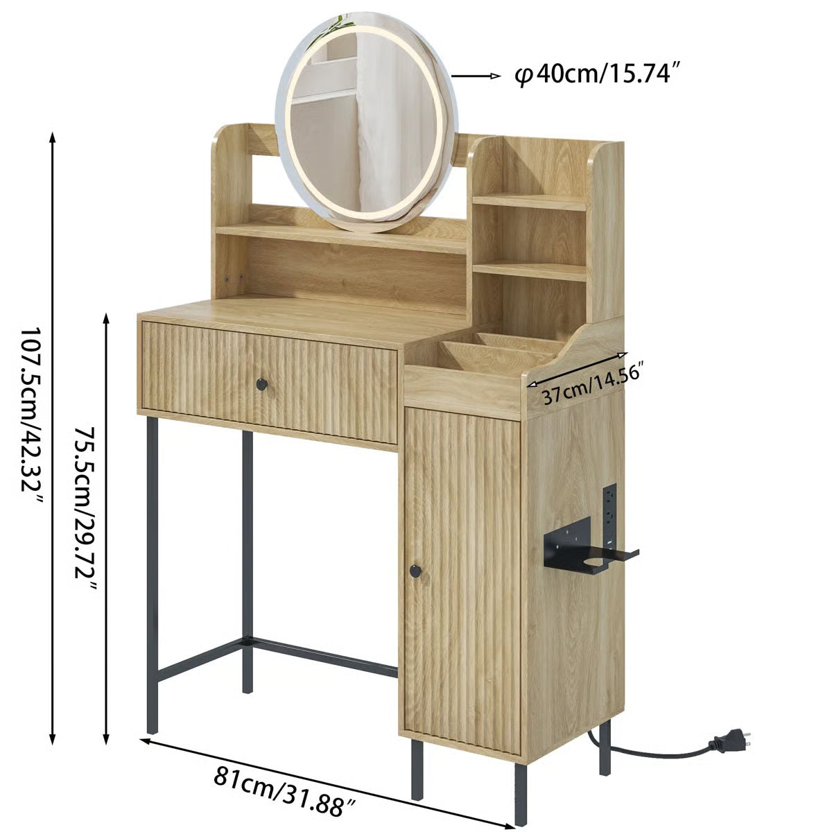 Reseta LED Makeup Vanity Desk – Drawer, USB Power Outlet & Lighted Mirror
