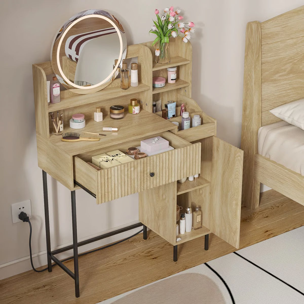 Reseta LED Makeup Vanity Desk – Drawer, USB Power Outlet & Lighted Mirror