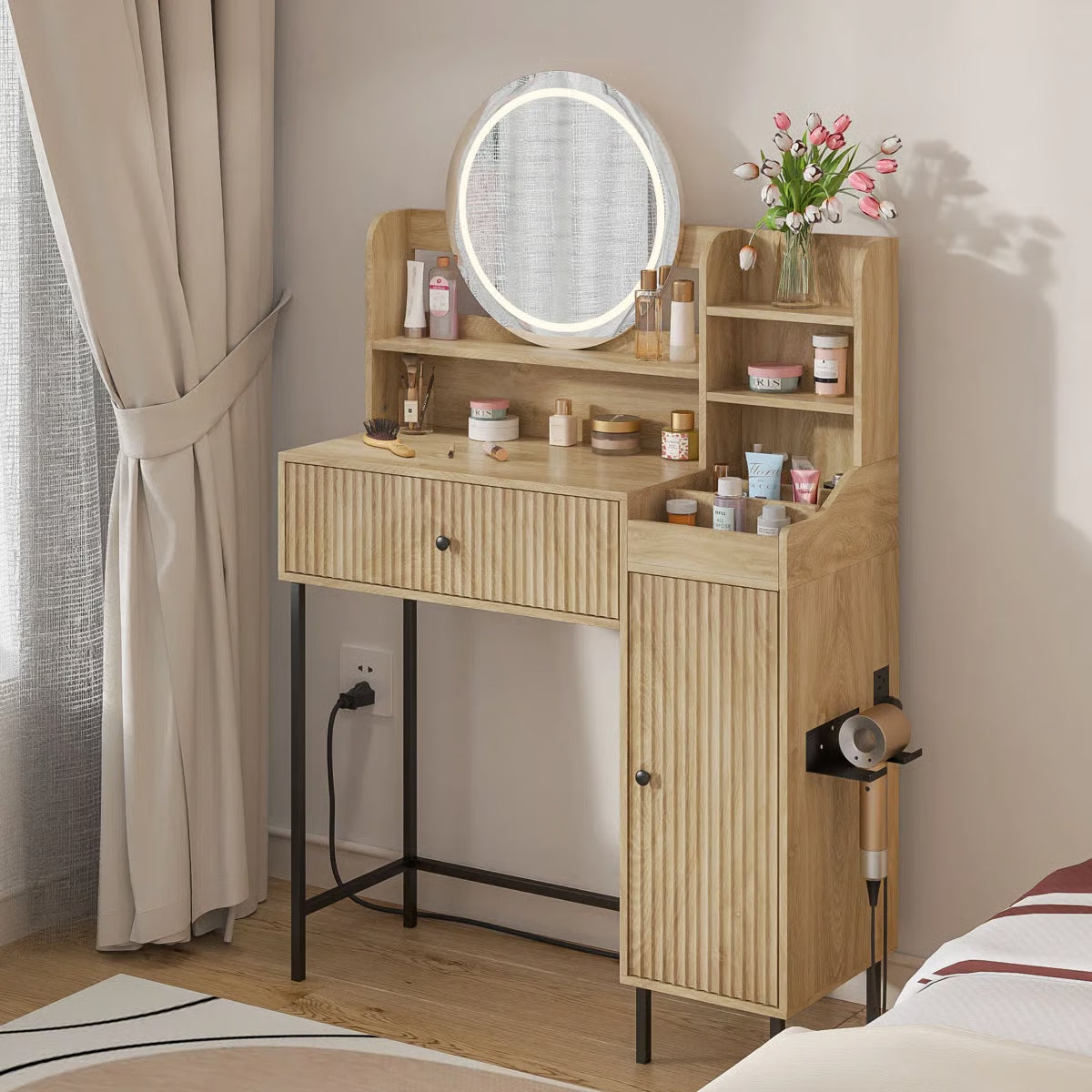 Reseta Makeup Vanity Desk with LED Light Mirror, Drawer, USB Power Outlet- OUCH CART |Dressing table